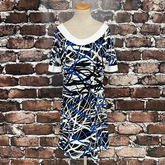Anne Klein Dress Womens Large Blue Line Pattern Short Sleeve A-Line Midi - Picture 5 of 16
